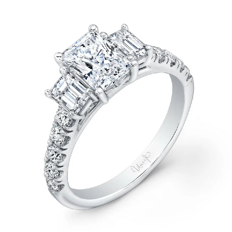 non-traditional engagement rings -Uneek Emerald-Cut Diamond Three-Stone Engagement Ring with Pave Upper Shank