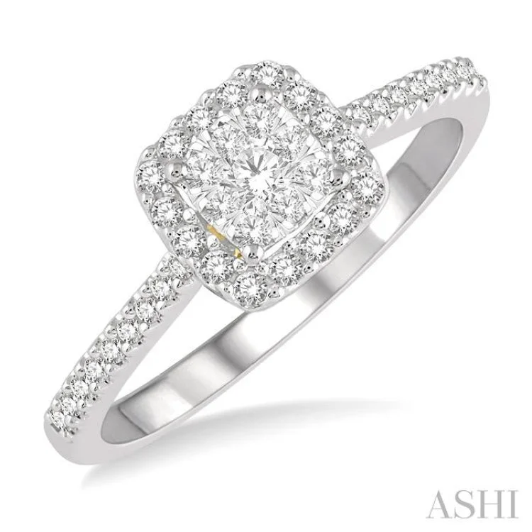 tension set engagement rings -1/3 Ctw Round Diamond Lovebright Halo Engagement Ring in 14K White and Yellow Gold