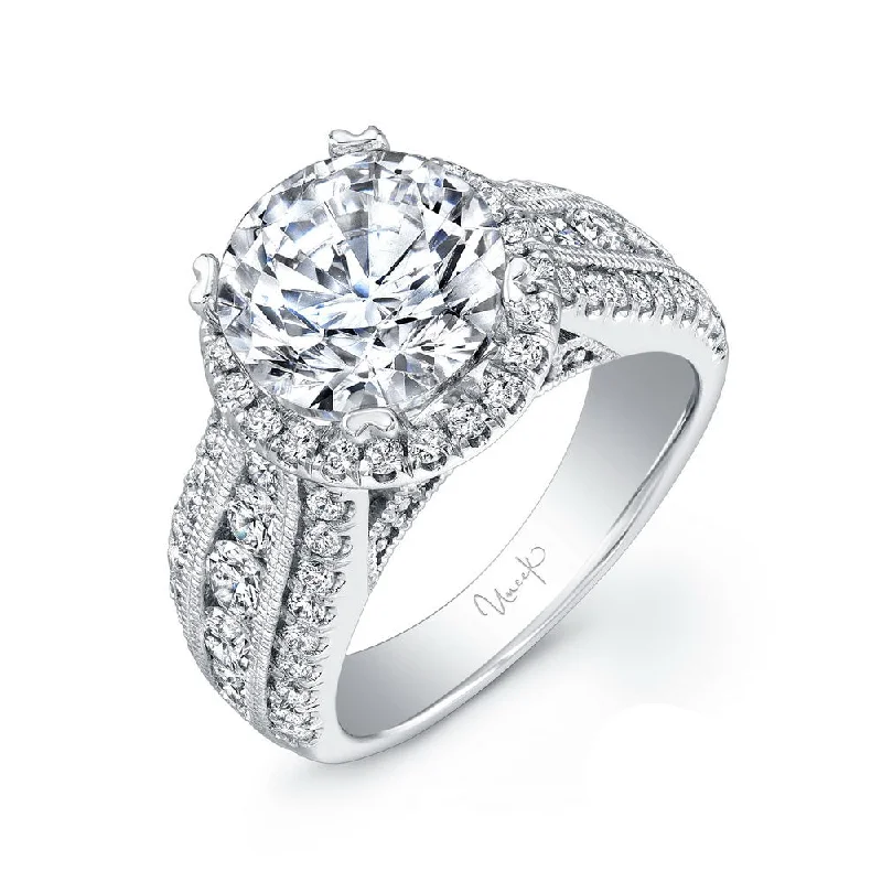 cathedral setting engagement rings -Uneek 1-Carat Round-Diamond Wide-Band Halo Engagement Ring with Three-Row Channel- and Pave-Set Melees