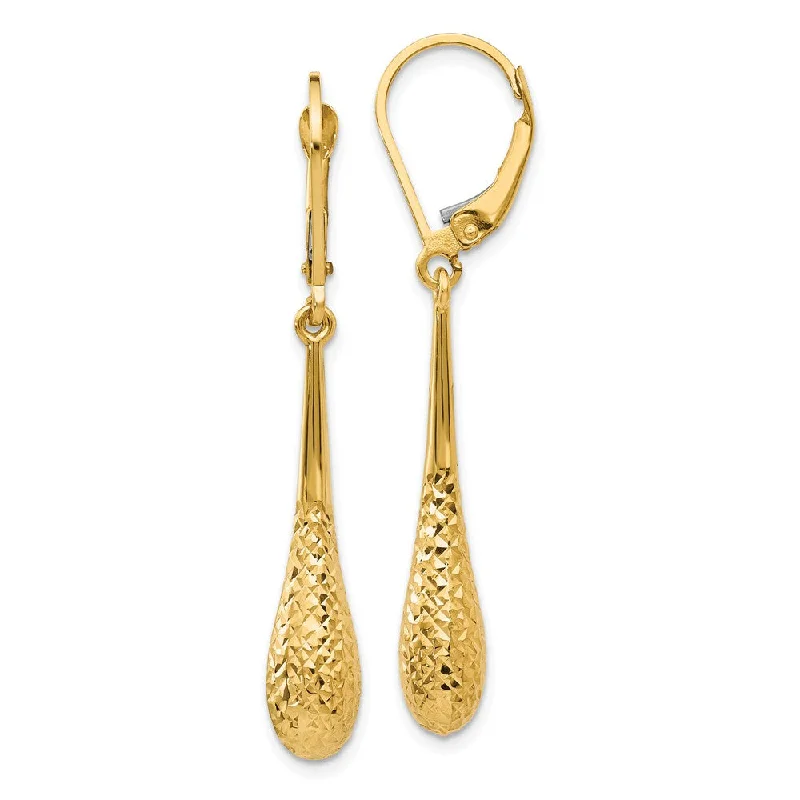 silver earrings for women -Diamond Cut Teardrop Lever Back Earrings in 14k Yellow Gold, 44mm