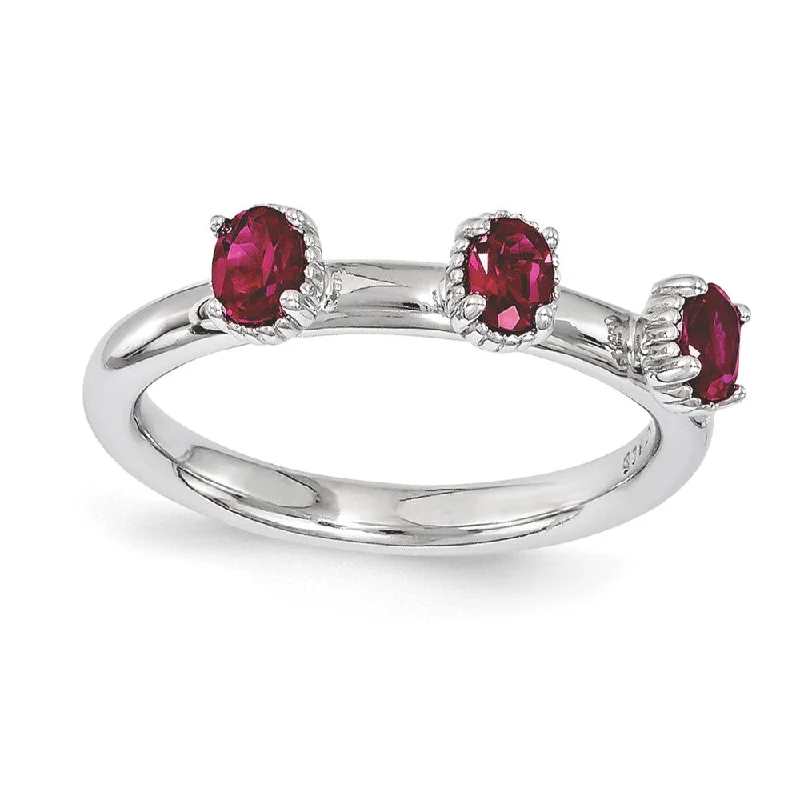 love knot rings for women -Sterling Silver Stackable Created Ruby Oval Three Stone Ring