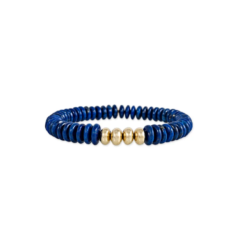 textured bracelets for women -4 GOLD BEADS + LAPIS BEADED STRETCH BRACELET