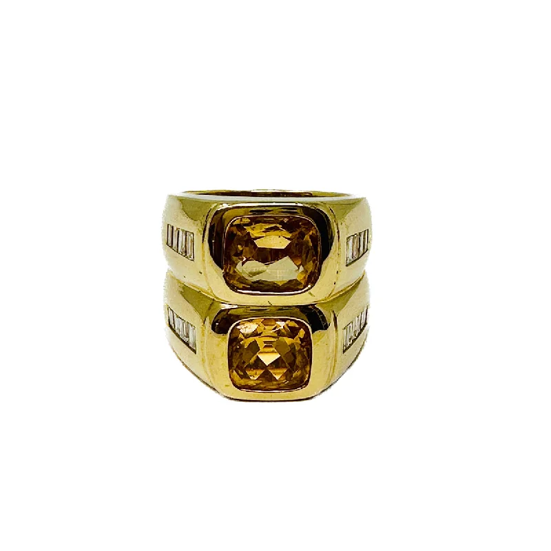 thin stacking rings for women -18K Gold Twin Ring with 2 Cushion Shaped Citrine and 16 Baguette Diamomds