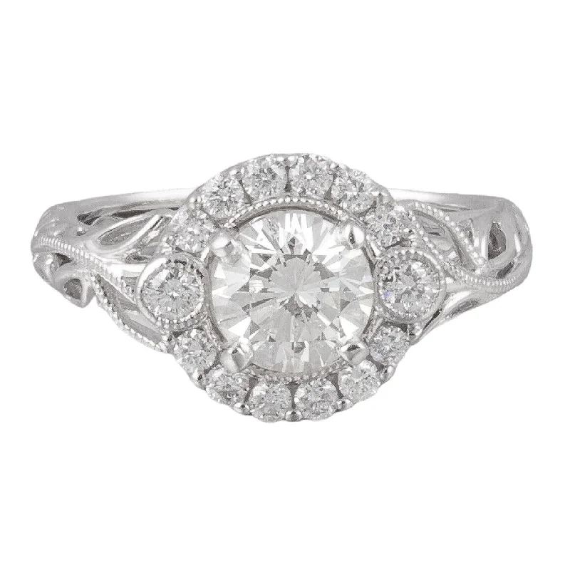 Edwardian engagement rings -18k White Gold 0.77ct Diamond Milgrain Halo Engagement Ring 1.02ctw H SI1 Size 4