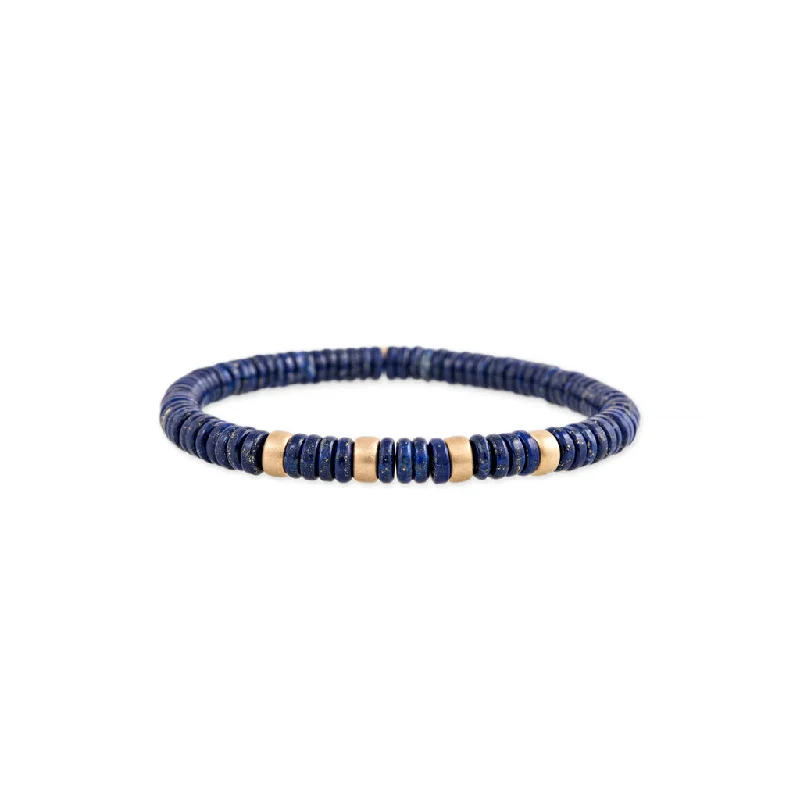 aquamarine bracelets for women -4 SPACED OUT GOLD BEADS + LAPIS BEADED STRETCH BRACELET