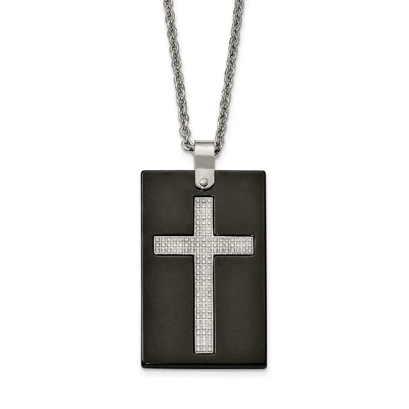 cubic zirconia solitaire necklaces -Stainless Steel Polished Black Ceramic CZ Cross Necklace