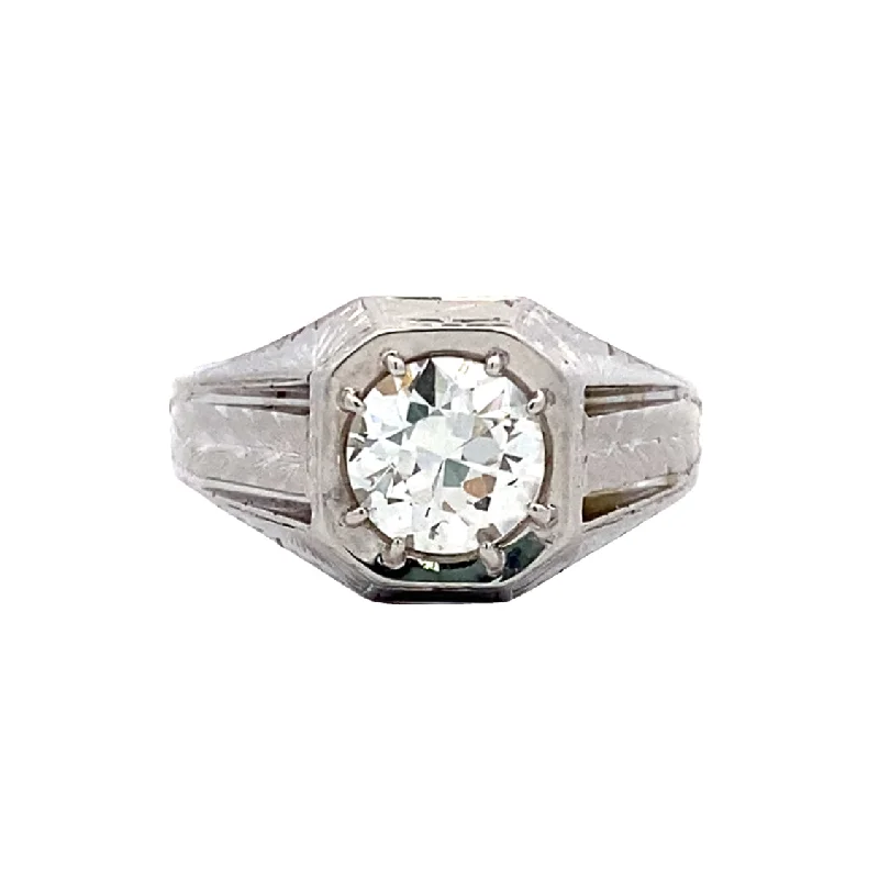 pave rings for women -Estate 1 1/2 Carat Old European Diamond Gents Ring in White Gold