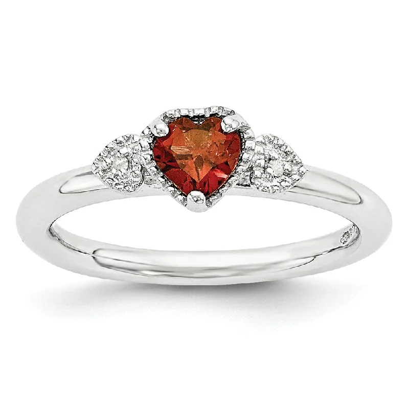 ruby rings for women -Sterling Silver, Garnet & .01 Ctw I3 H-I Diamond Stackable Hearts Ring