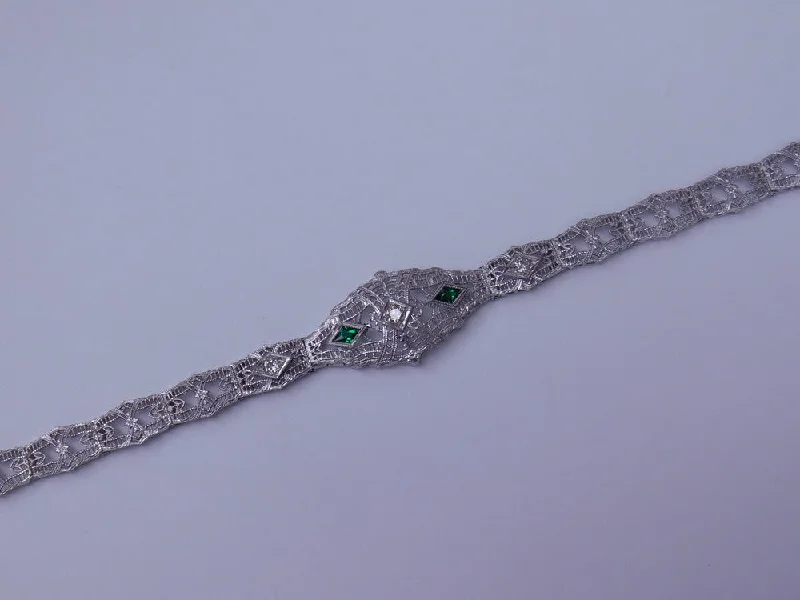 best delicate bracelets for women -14K ART DECO BRACELET WITH DIAMOND AND GREEN GLASS