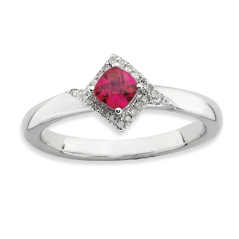 rose gold rings for women -Stackable Created Ruby and 1/10 Ctw HI/I3 Diamond Sterling Silver Ring