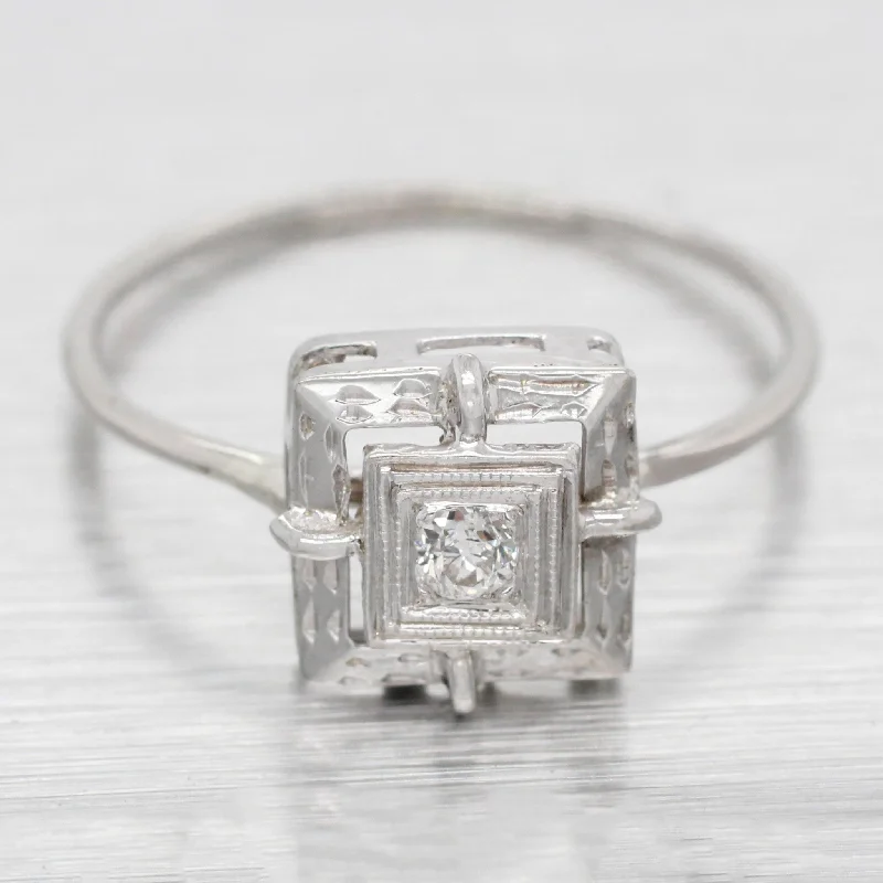 handcrafted engagement rings -Antique Art Deco 0.05ct Round Diamond Square Engagement Ring - 14k White Gold