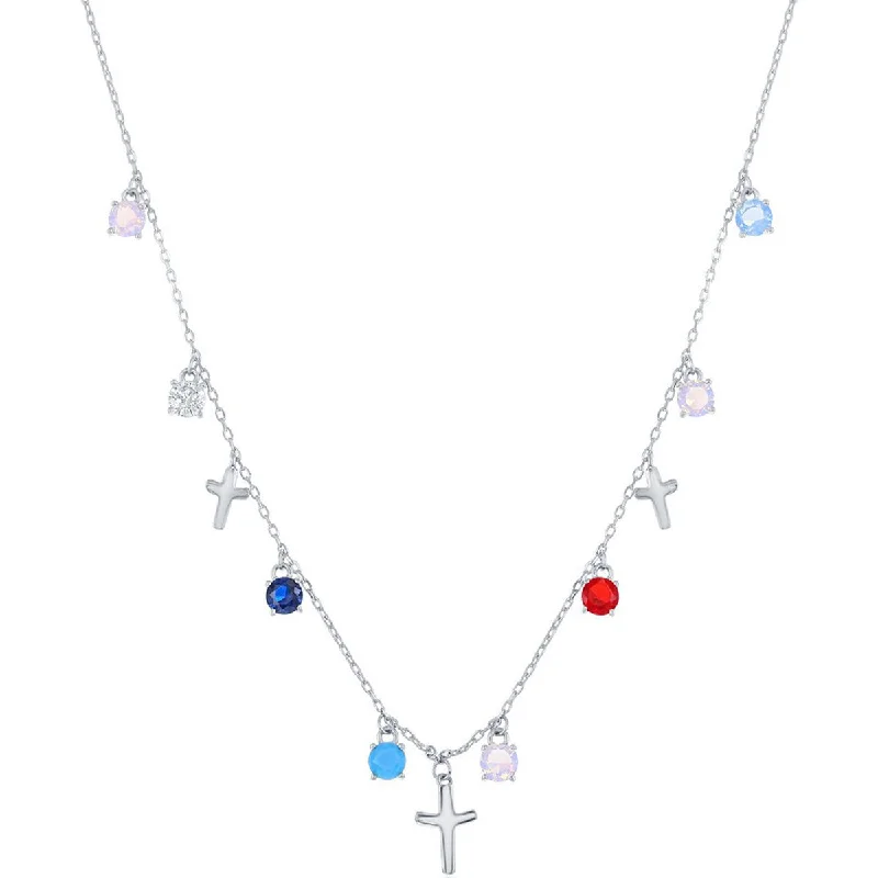 multi-layered necklaces for women -Classic Women's Necklace - Round Multi-Color CZ and Crosses | M-6814