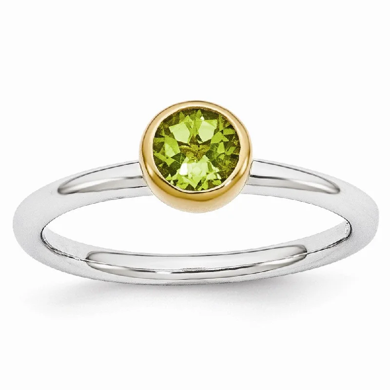 butterfly rings for women -Two Tone Sterling Silver Stackable 5mm Round Peridot Ring