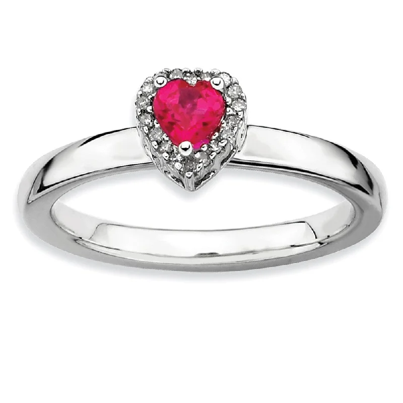 diamond infinity rings for women -Sterling Silver Created Ruby & 1/20 Ctw Diamond Stackable Heart Ring