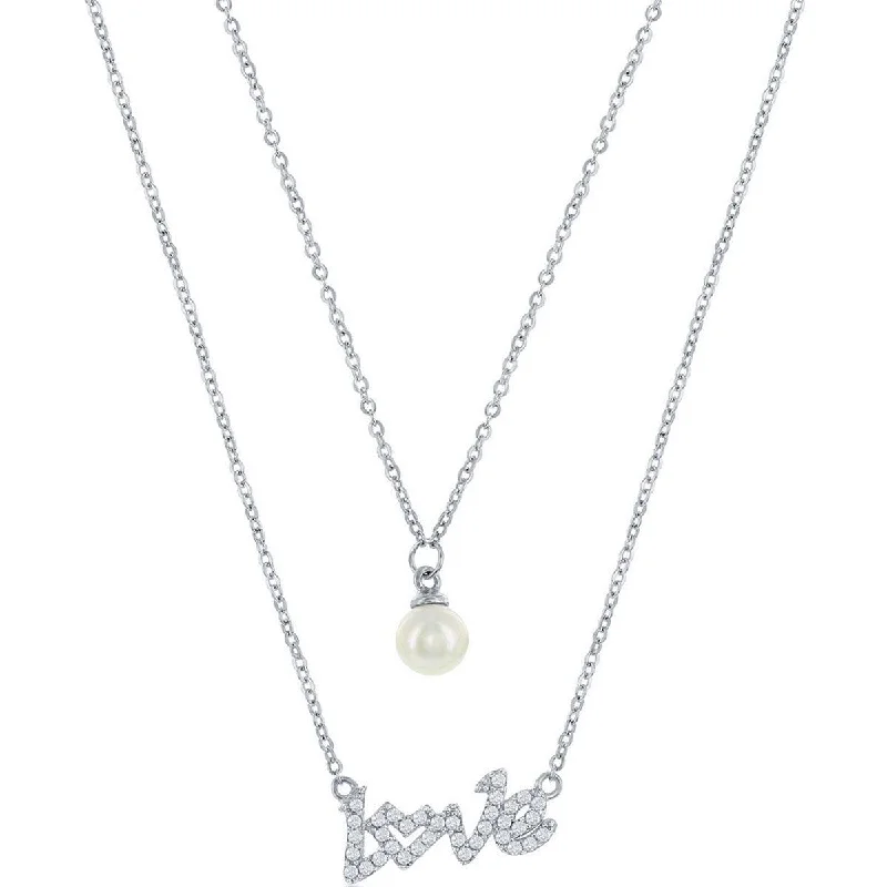 layering necklaces for women -Classic Women's Necklace - Sterling Silver CZ LOVE and Round FWP Layered | M-6875