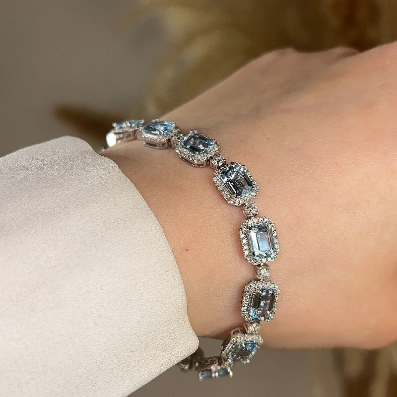 multi-layered bracelets for women -Emerald Shape 11 Carat Aquamarine Tennis Bracelet Featuring Diamond Halo BRHAEC