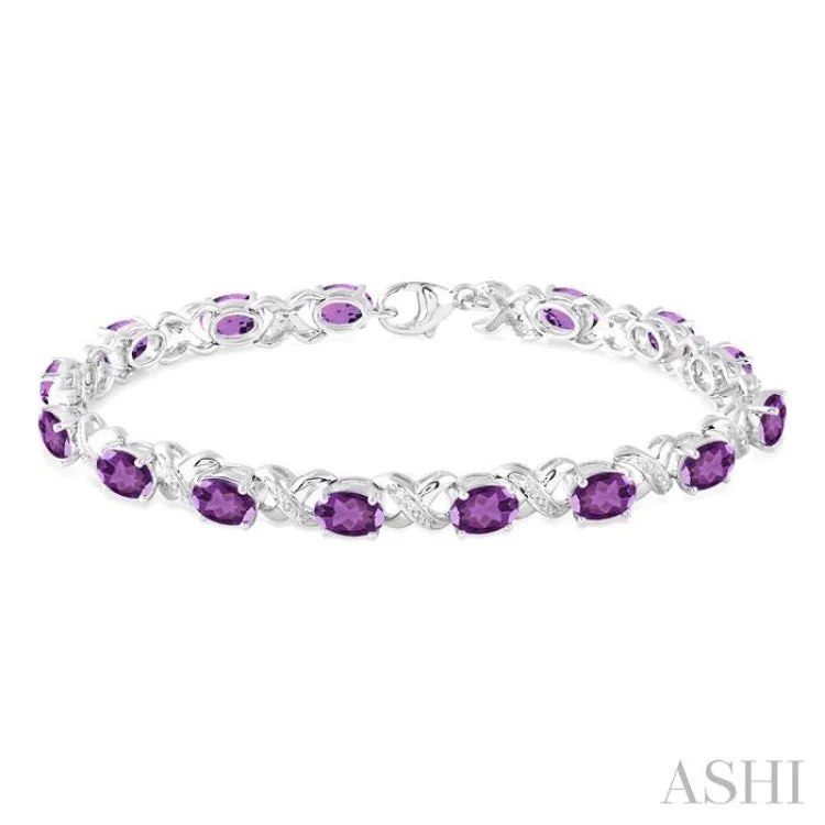 chunky bracelets for women -7x5 mm Oval Cut Amethyst and 1/20 Ctw Round Cut Diamond Fashion Bracelet in Sterling Silver