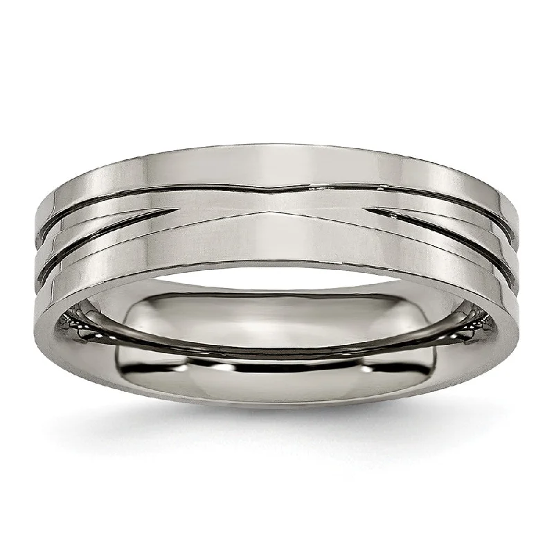 wedding band rings for women -Titanium 6mm Grooved And Polished Comfort Fit Band