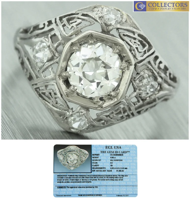 infinity engagement rings -Ladies Antique Art Deco Platinum Filigree 1.18ctw Diamond Engagement Ring EGL