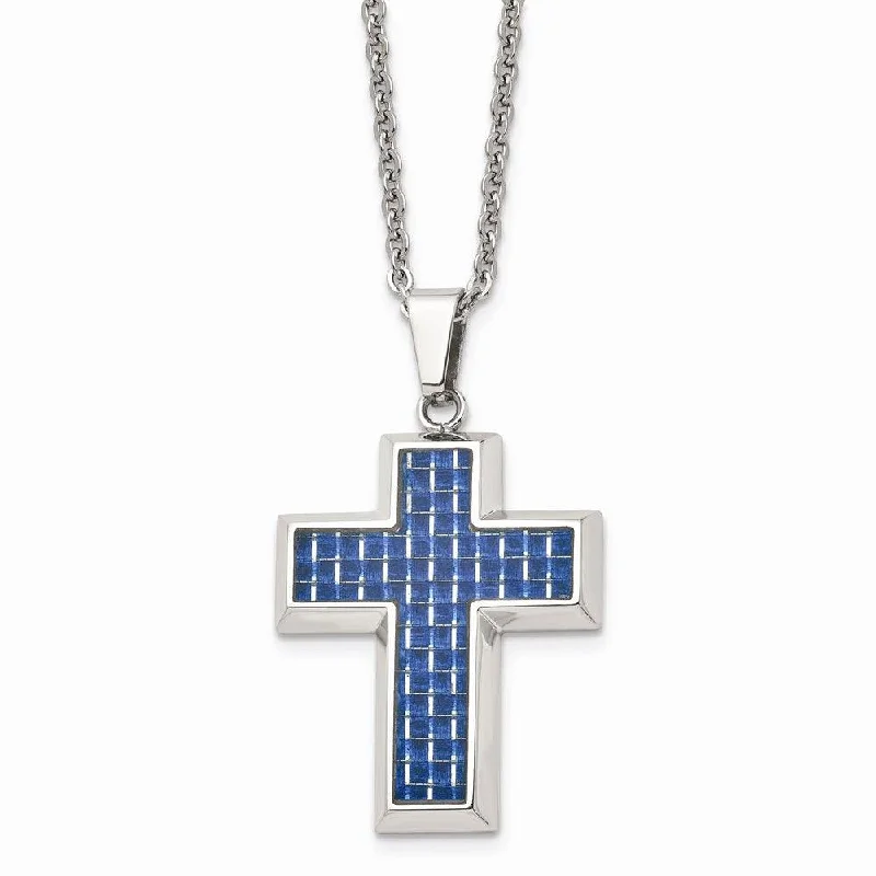 bar necklaces for women -Stainless Steel Polished with Blue Carbon Fiber Inlay Cross 22in Necklace