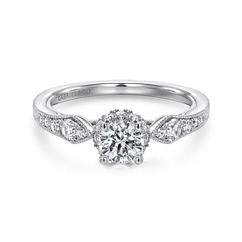 platinum engagement rings -Vintage Inspired 14K White Gold Round Halo Complete Diamond Engagement Ring