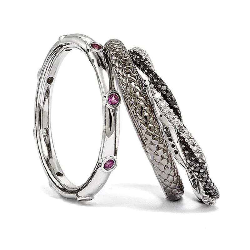 pearl rings for women -Two Tone Sterling Silver, Rhod. Garnet & Diamond Stackable Ring Set