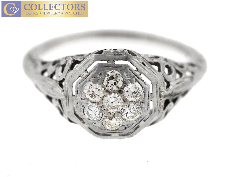 two-tone engagement rings -Ladies Antique Art Deco Estate 14K White Gold 0.21ctw Diamond Engagement Ring