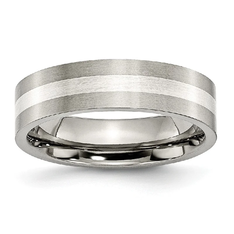 stackable diamond rings for women -Titanium & Sterling Silver Inlay, 6mm Satin Flat Comfort Fit Band