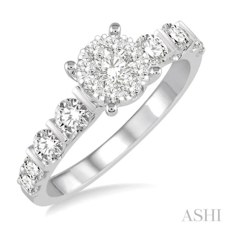 dainty engagement rings -1 Ctw Round Cut Diamond Lovebright Engagement Ring in 14K White Gold