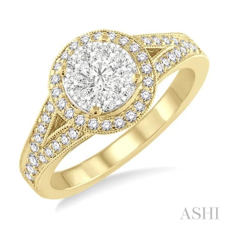 baguette engagement rings -5/8 Ctw Lovebright Round Cut Diamond Engagement Ring in 14K Yellow and White Gold