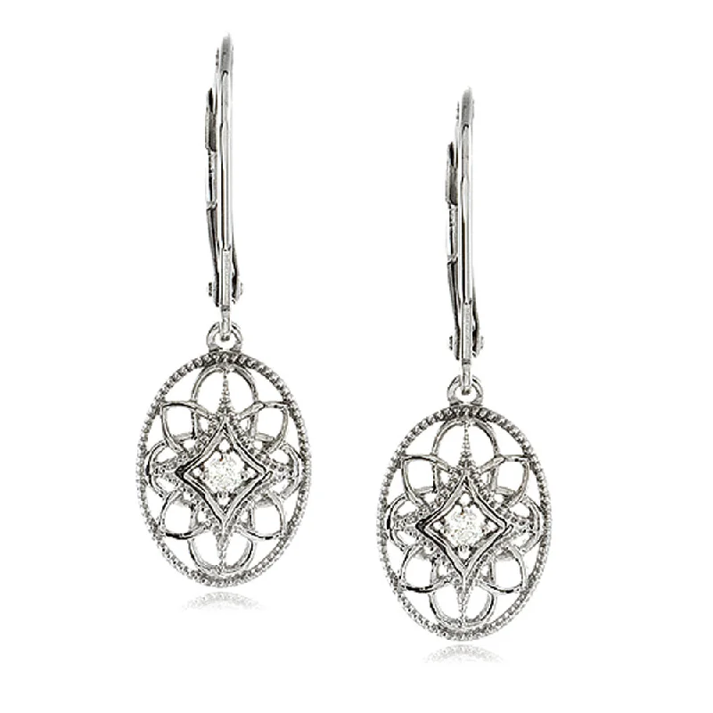 floral earrings for women -Vintage Style Diamond Oval Earrings in Sterling Silver