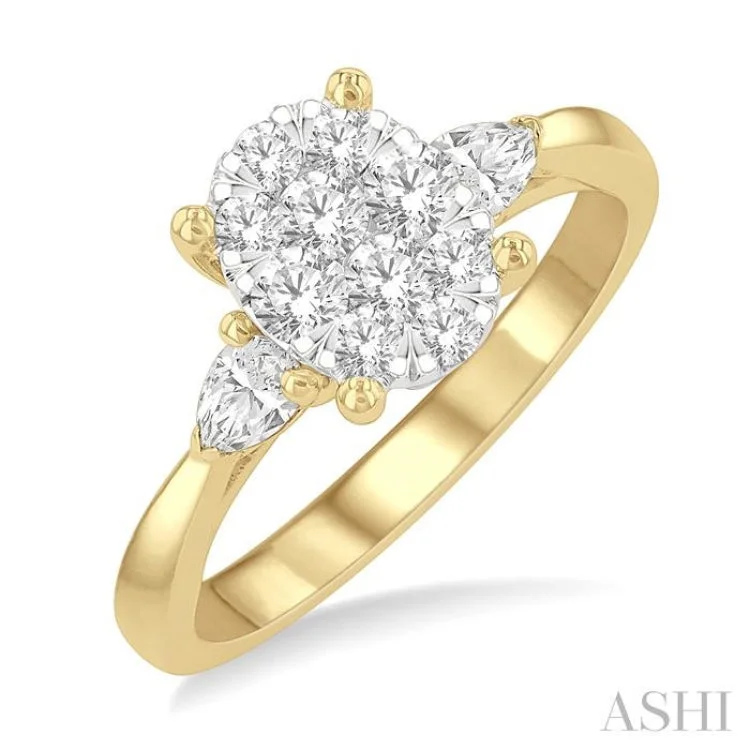 promise engagement rings -3/4 ctw Oval Shape Lovebright Pear and Round Cut Diamond Engagement Ring in 14K Yellow and White gold