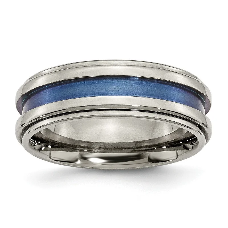 gold rings for women -8mm Titanium Blue Groove Ridged Edge Polished Band