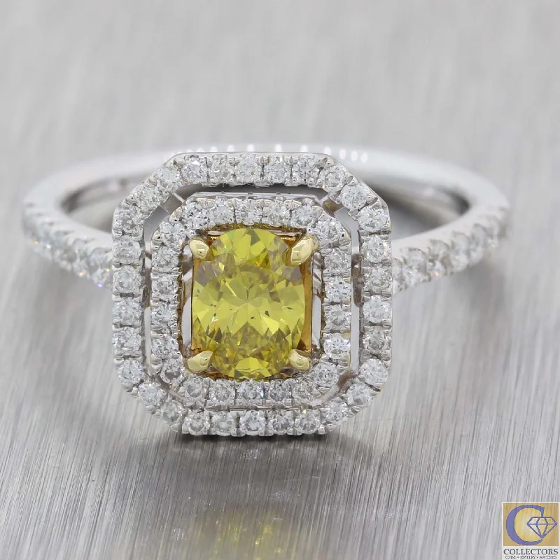 bold statement engagement rings -Modern 18k White Gold 1.12ctw Fancy Yellow Diamond Halo Engagement Ring A8