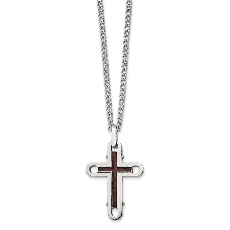 thick silver necklaces for women -Stainless Steel Polished Wood with Enamel Overlay Cross Necklace