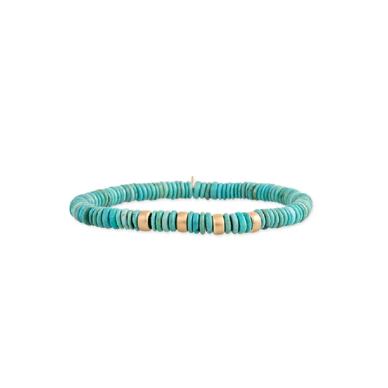 bar bracelets for women -4 SPACED OUT GOLD BEADS + TURQUOISE BEADED STRETCH BRACELET