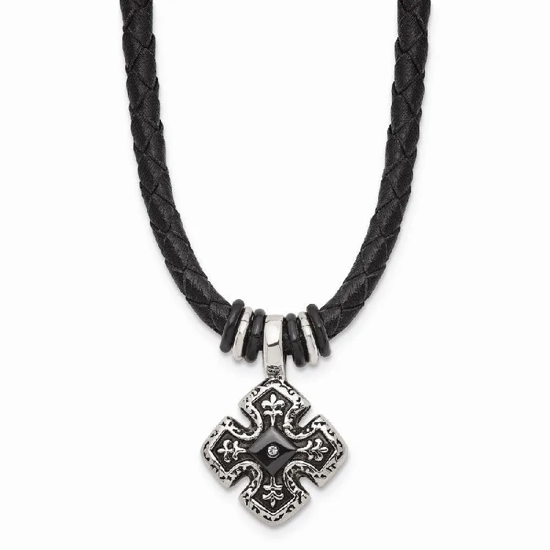 romantic necklaces for women -Stainless Steel Polished Black IP Braided Blk Leather CZ Necklace