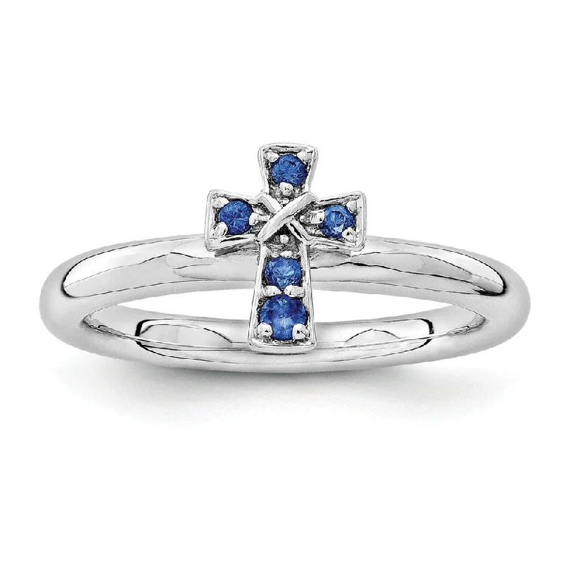 crystal teardrop rings for women -Rhodium Sterling Silver Stackable Created Sapphire 9mm Cross Ring