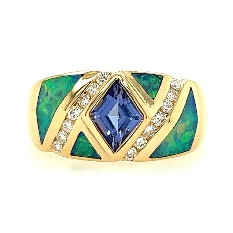 best everyday rings for women -Estate Geometric Style Tanzinite, Opal & Diamond Ring by Kabana in Yellow Gold