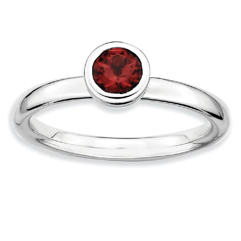 high-quality gold rings for women -Sterling Silver & Garnet Stackable Low Profile 5mm Solitaire Ring