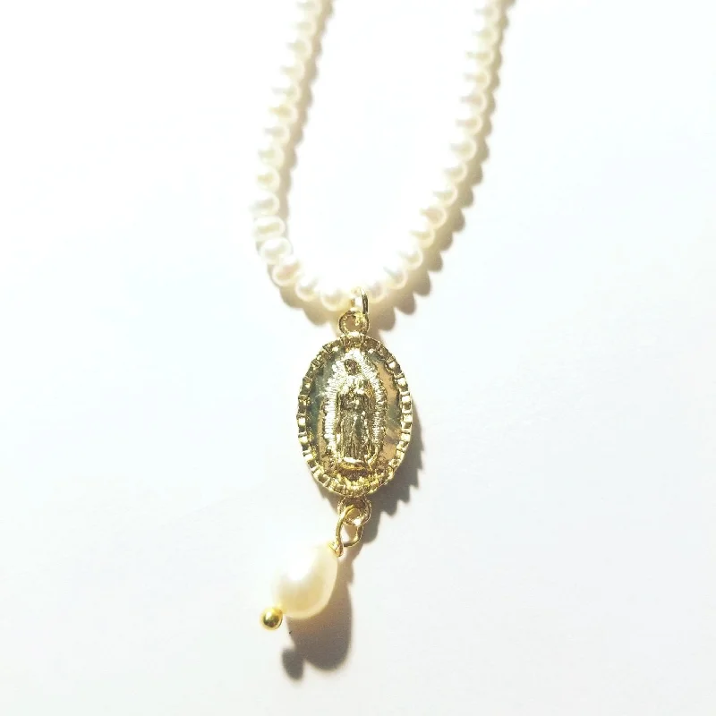 engraved necklaces for women -Virgen de Guadalupe Pearl Necklace