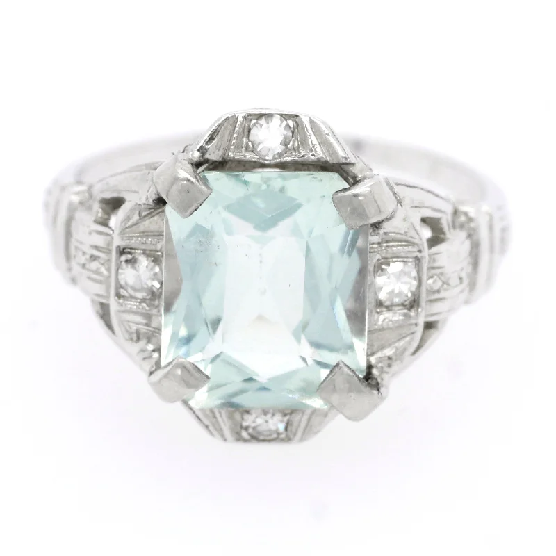 antique engagement rings -Antique Art Deco 3.00ct Aquamarine & Diamond Engagement Ring in 14k White Gold