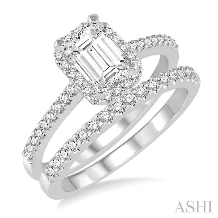 high-end engagement rings -3/4 Ctw Diamond Bridal Set with 5/8 Ctw Emerald Cut Engagement Ring and 1/6 Ctw Wedding Band in 14K White Gold