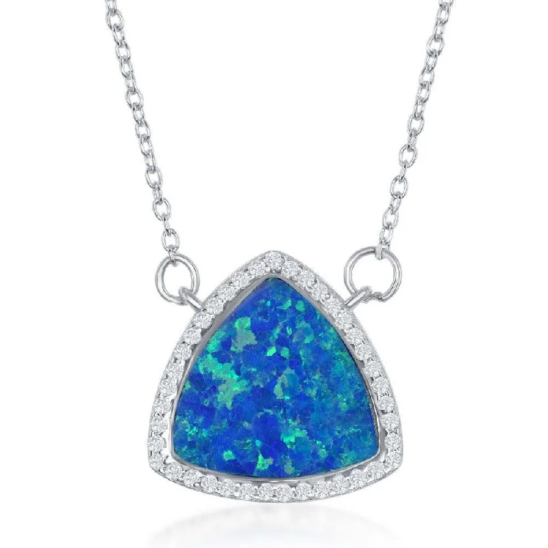 floral pendant necklaces for women -Sterling Silver Blue Inlay Opal Triangle with CZ Border Necklace