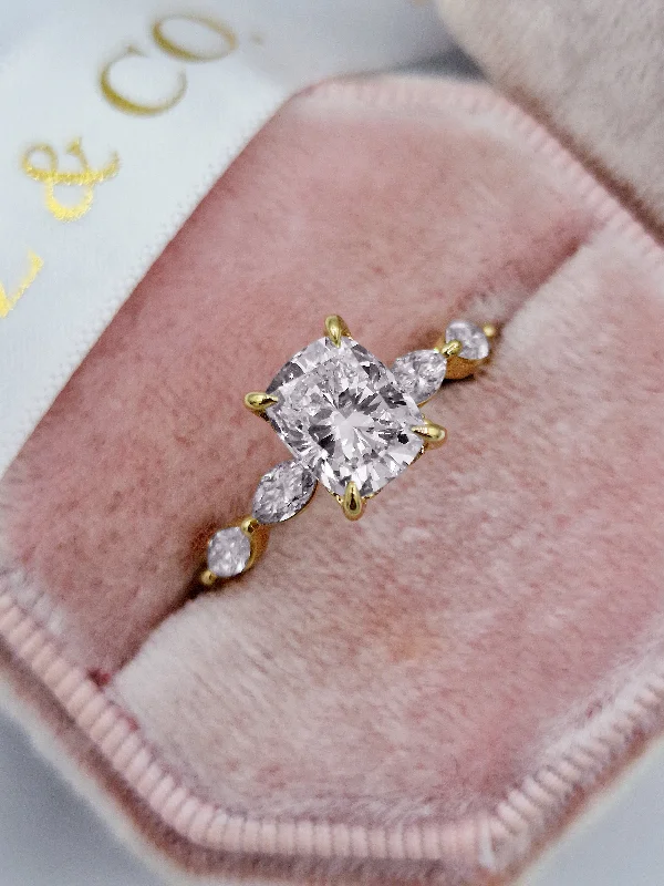 ethical engagement rings -2.15 Carats Lab Grown Cushion Cut with Marquise Side Stones Hidden Halo Diamond Engagement Ring