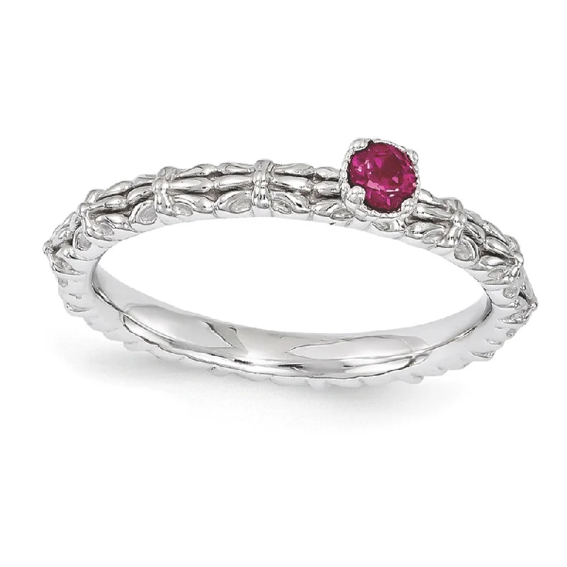 vintage rings for women -Sterling Silver Stackable Created Ruby Round Single Stone Ring