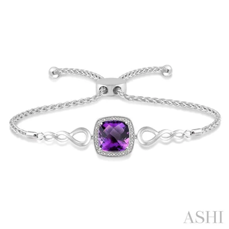 nameplate bracelets for women -1/20 Ctw Cushion Cut 10x10mm Amethyst Round Cut Diamond Sterling Silver Lariat Bracelet