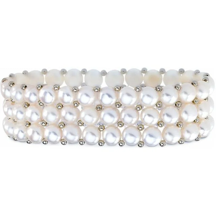 elegant wedding bracelets for women -Sterling Silver Cultured White Freshwater Pearl Stretch 7" Bracelet