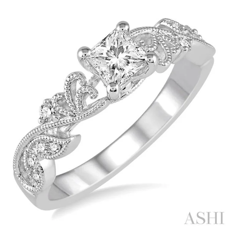 designer engagement rings -1/3 Ctw Diamond Engagement Ring with 1/5 Ct Princess Cut Center Stone in 14K White Gold