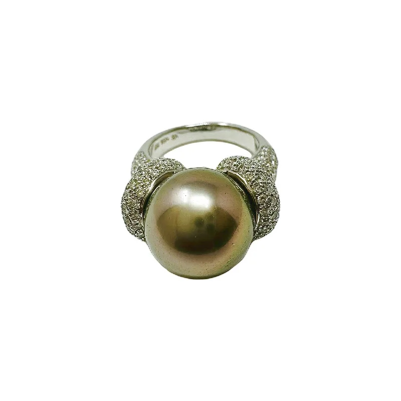 bold fashion rings for women -18K White Gold Ring with Tahitian Pearl and Diamonds